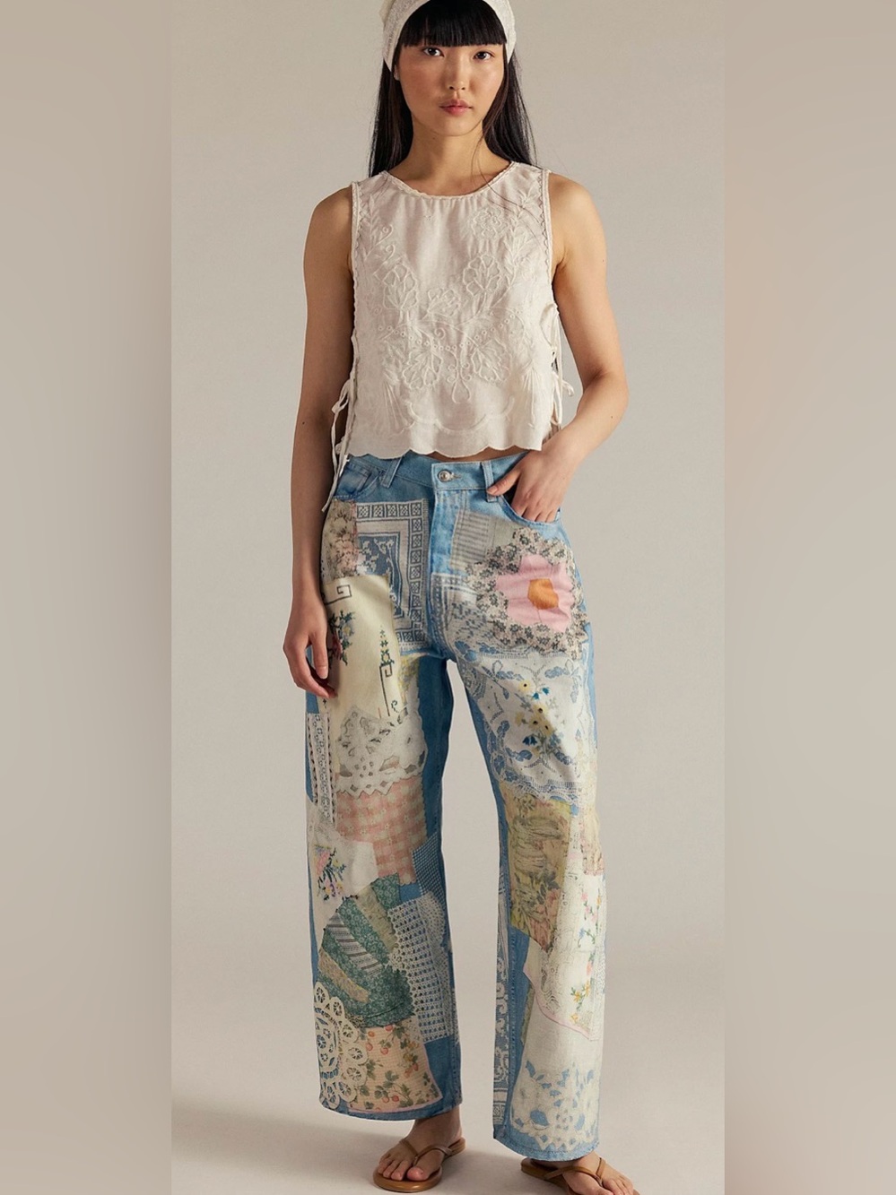 Patchwork Wide-Leg Women’s Jeans - Blue Multi